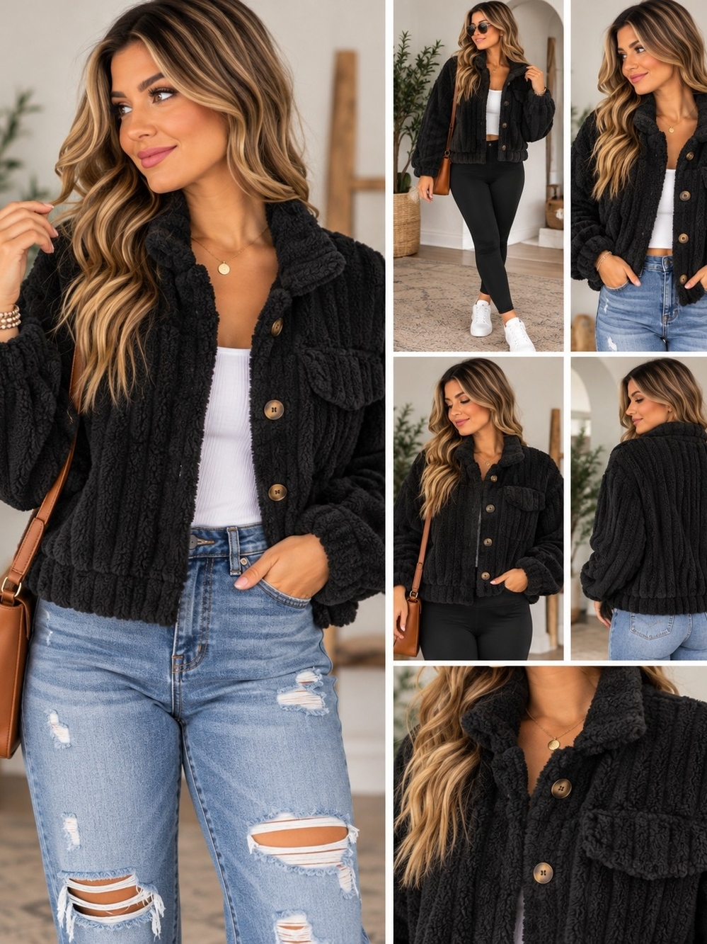 SHEIN Black Plush Teddy Button-Front Jacket